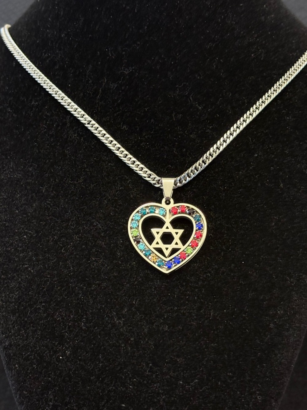 Multicolor Crystal Heart Pendant Necklace with Star of David